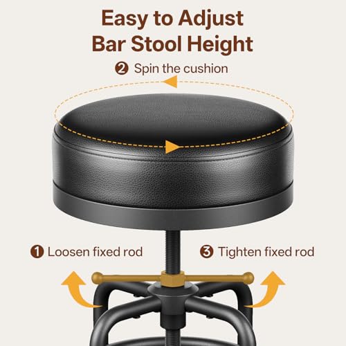 Adjustable Height Industrial Swivel Bar Stool - 22 to 29 Inch, Leather Cushion