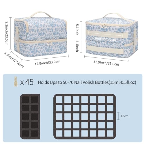 OCHEAL Nail Polish Organizer, Holds Nail Lamp and 45+ Bottles,3 Usage Modes Detachable Nail Storage Bag Travel Nail Tech Case Holds Nail Kit Stuff Manicure Tools -Floral