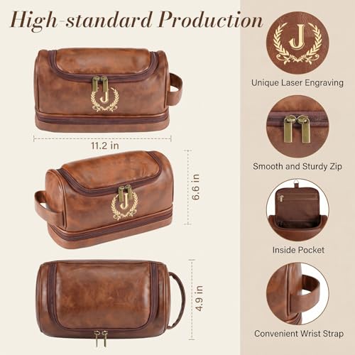 Personalized Leather Toiletry Bag for Men with Initial J - Travel & Gift Ready, Brown
