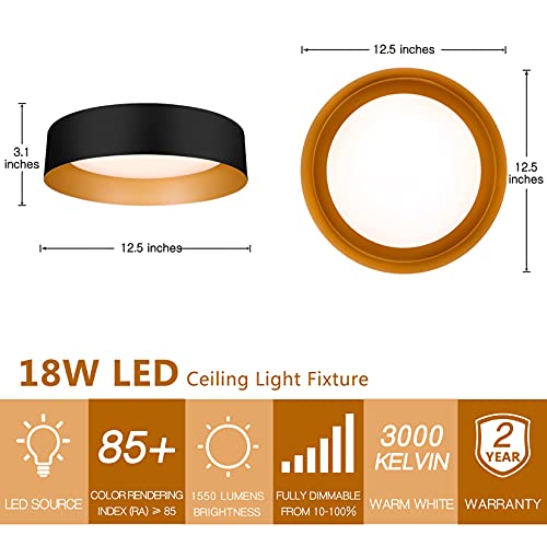 Flush Mount Ceiling Light 2-Pack - Matte Black with Gold Interior, 12.5 Inch