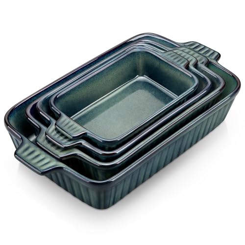 Deep Green Ceramic Casserole Set of 4 - Oven Safe Baking Dishes with Handles