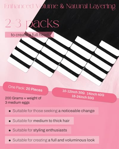 Moresoo Deep Black Human Hair Tape-In Extensions 18 Inch 20Pcs 50g - Natural Blend