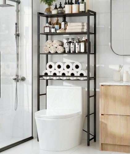 Over-the-Toilet Storage Rack with Wooden Shelves & Open Basket - Black, 24.4x9.4x69.3 Inches - Tujurich