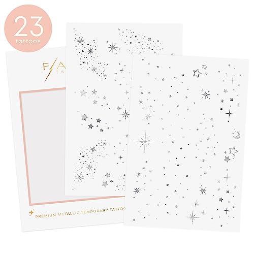 Flash Tattoos Fairy Dust Metallic Temporary tattoos-2 sheet mini pack | Includes over 23 premium silver foil giltter tattoos | face glitter, face gems, festival, face freckles, celestial, moon