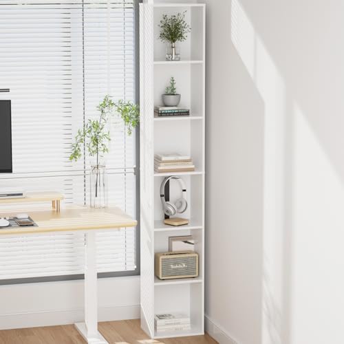 White 6-Tier Narrow Tall Bookcase - 70.5 Inch Slim Wall Shelf for Small Spaces