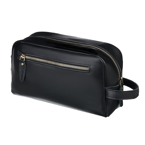 Awesometik Unisex Premium Travel Bag - Toiletries Organizer Case for Grooming, Jewelry - Travel Essentials Shaving Dopp Kit - Geniune Leather Water Resistant Cosmetic Bag For Men, Women (Black)