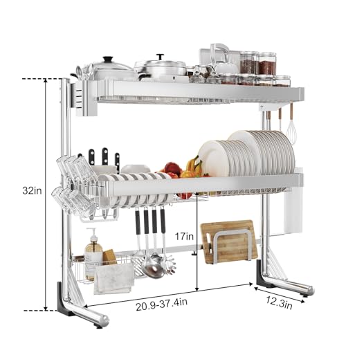 Silver 3-Tier Over The Sink Dish Drying Rack Adjustable 20.9-37.4 Inch