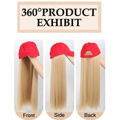 Black Sun Hat Wig for Women Baseball Cap with 22" Wavy Straight Hair Extensions