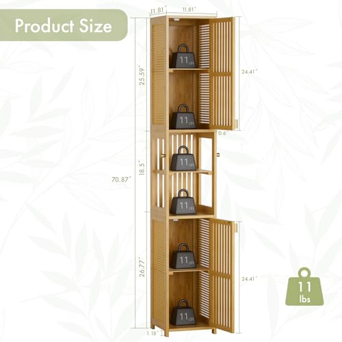 Tall Bathroom Storage Cabinet - Bamboo with Rattan Doors, Adjustable Shelves, Natural Color, 70 Inch