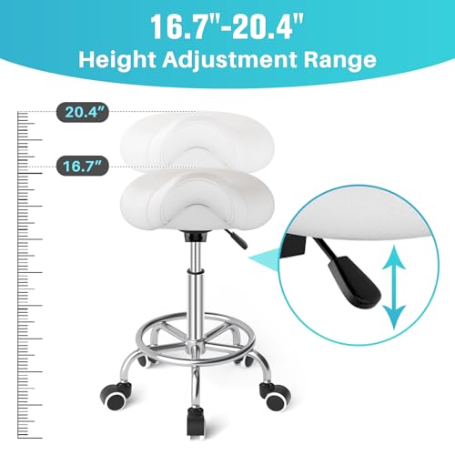 Ergonomic Saddle Stool with Wheels - White Saddle Chair, Adjustable Height
