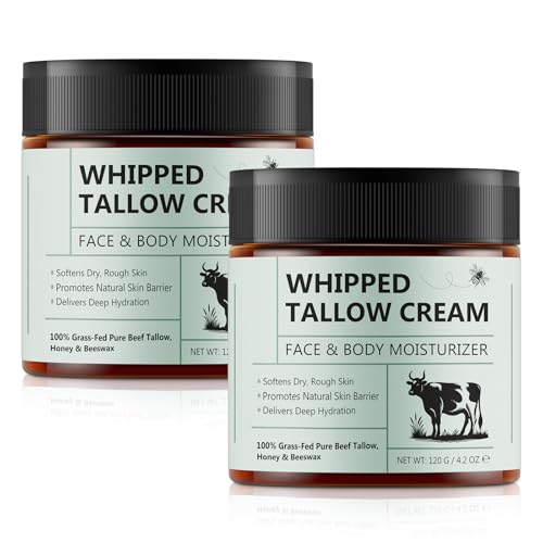 Beef Tallow Moisturizer for Face & Body - Deep Hydration, 2 Pack Organic Whipped Soothes Dry Skin, Promotes Natural Skin Barrier, Unscented Tallow Face Cream, 4.2 Oz