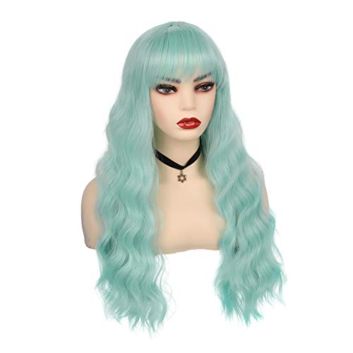 Swiking Mint Green Curly Wigs for Women - Long Wavy Synthetic Cosplay Hair with Bangs