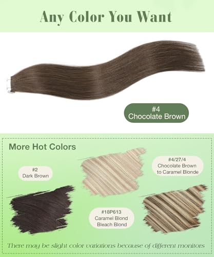 14 Inch Human Hair Tape-in Extensions - #4 Medium Brown, 20pcs 50g, Straight, Reusable, Easy Application