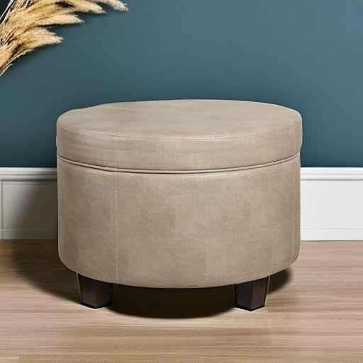 Storage Ottoman with Faux Leather - Round Taupe Brown, 17x24, Lift-Top