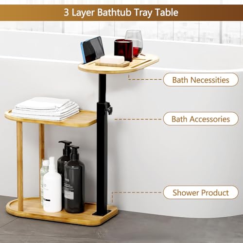 Natural Bamboo 3-Layer Bathtub Tray Table Height Adjustable Swivel Side Table