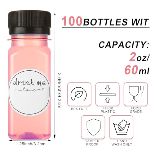2oz Clear Plastic Bottles with Lids — 100 Pack, Leak-Proof Vials for Beverages