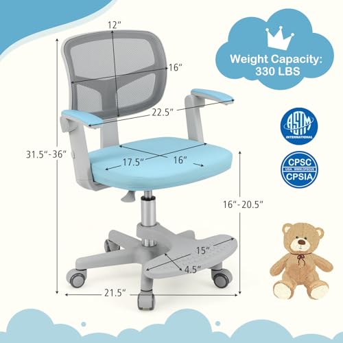 Kids Desk Chair with Adjustable Height Armrest & Footrest - Blue