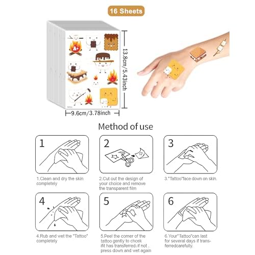 180 Pieces Smores Temporary Tattoos Stickers,16 Sheets Marshmallow Themed Tattoos Stickers Party Decoration Supplies for Adults