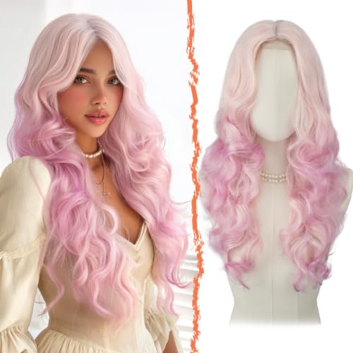 Ombre Pink Synthetic Lace Front Wavy Wig 20 Inch Long Hair for Women - Natural Look, Heat Resistant Fiber, Daily & Party Wear