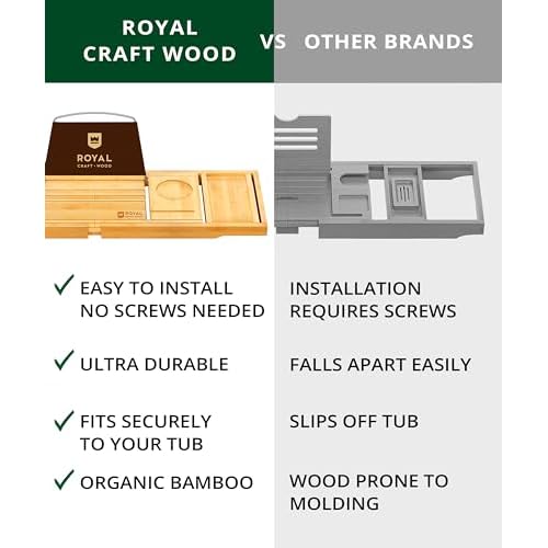 ROYAL CRAFT WOOD Bathtub Tray Caddy for Tub, Bamboo Bath Shelf, Premium Foldable Wood Bath Table, Expandable Bathtub & Bathroom Accessories, New Home Gifts for Mom, Housewarming, Anniversary, Wedding