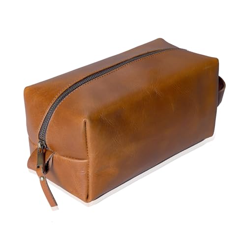 Buffalo Leather Travel Toiletry Bag - Tan Dopp Kit for Men & Women, Organizer with Zipper