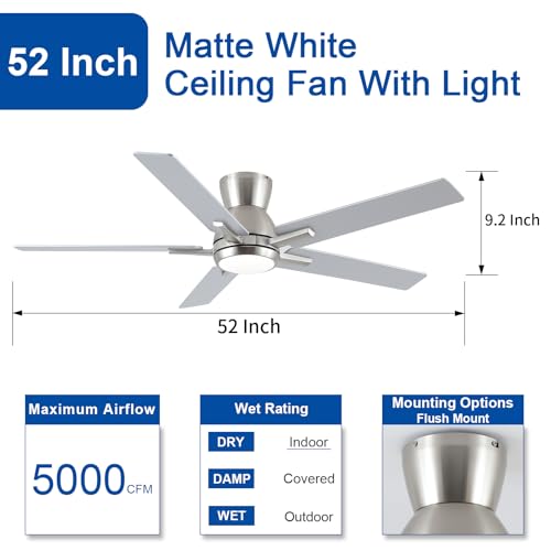 52-Inch Brushed Nickel Flush Mount Ceiling Fan with Remote & Light - Reversible Blades