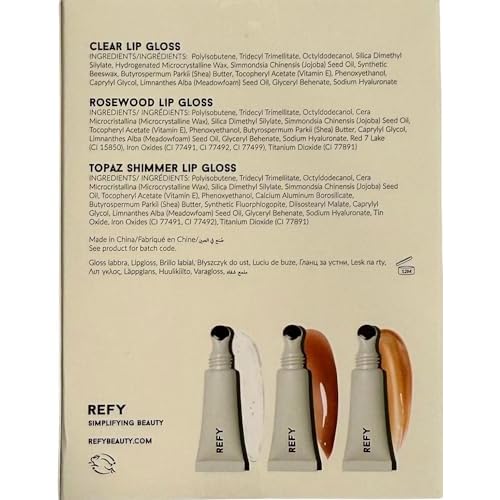 REFY Mini Lip Gloss Trio ? Clear, Rosewood & Topaz Shades, Hydrating Non-Sticky Lip Gloss Set, 3 x 5 ml