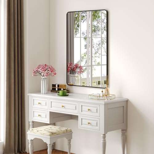 36x24 Bathroom Vanity Mirror with Black Aluminum Frame, Rectangular Wall Mirror with Rounded Corners
