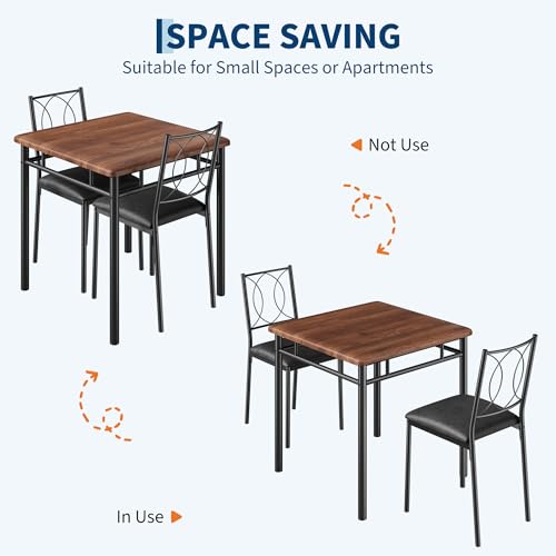 Walnut Small Dining Table Set for 2 with Upholstered Chairs - Space-Saving Kitchen Furniture