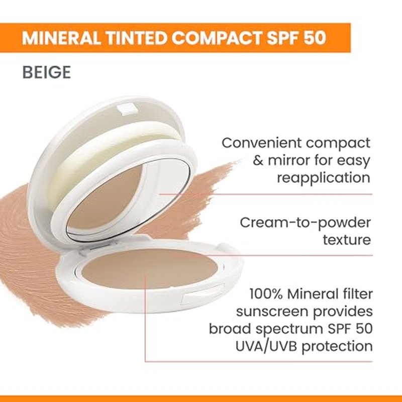 Av?ne High Protection Tinted Compact, Mineral Sunscreen, Tinted Sunscreen, Broad Spectrum SPF 50+, UVA/UVB Blue Light Protection, 100% Mineral, Water Resistant, Non-Greasy, Fragrance-Free