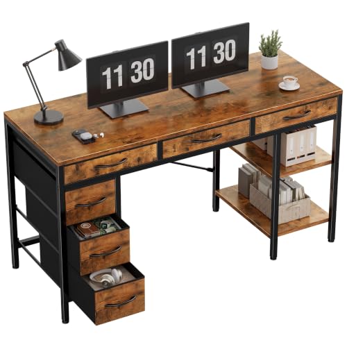 Rustic Brown 55-Inch Computer Desk with 6 Fabric Drawers & Adjustable Shelf