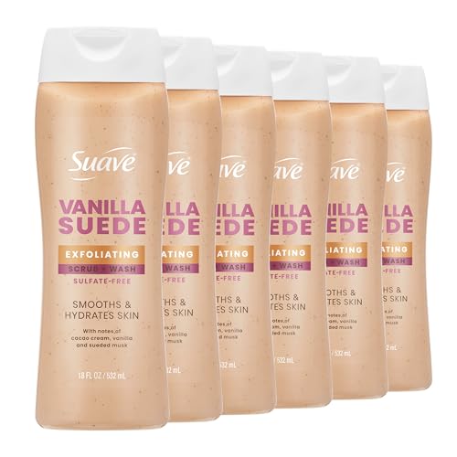 Suave Vanilla Suede Exfoliating Body Wash & Scrub with Glycerin & Vitamin E, Hydrating 6 Pack, 18 FL OZ
