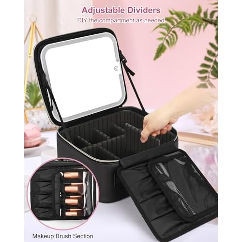 Relavel Initial Makeup Bag with LED Mirror for Women, Personalized Travel Cosmetic Organizer Train Case, Birthday Gifts for Teens Girls Grandkids Graduation Teacher Friends, Trendy Stuff, Black A