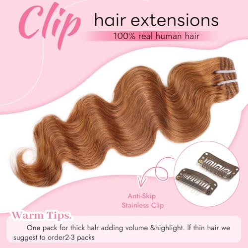 Clip in Hair Extensions 16 Inch Auburn Ginger Human Hair Body Wave 8pcs