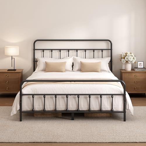 King Size Metal Bed Frame with Headboard and Footboard - Black - Heavy Duty Steel