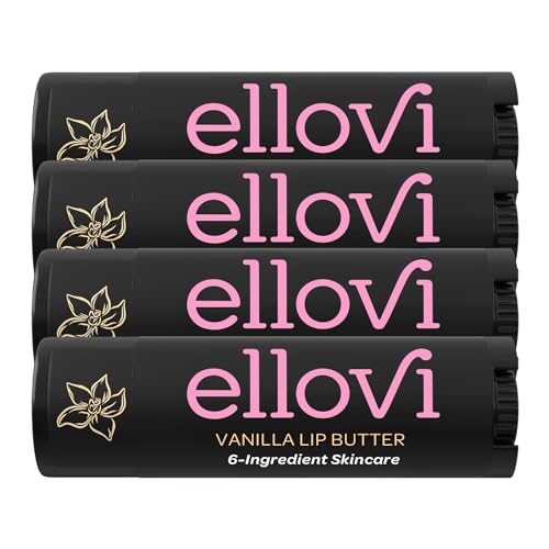 Ellovi Natural Lip Butter Lip Balm - Vanilla - Pure Enough to Eat - Made With Just 6 Vegan Ingredients - 100% Natural & Organic Moisturizing Lip Care for All Day Hydration (4-Pack)