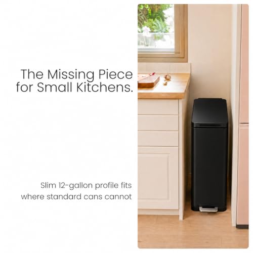 Home Zone Living 12 Gallon Slim Trash Can with Soft-Close Lid – Black, Hands-Free Pedal