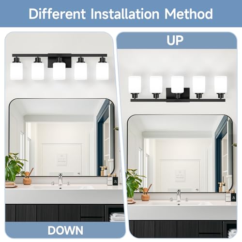 Black 5-Light Bathroom Vanity Light Fixture with Square Frosted Glass - Modern Wall Sconce Over Mirror