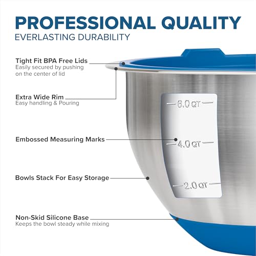 Viking 10-Piece Stainless Steel Mixing Bowl Set with Non-Slip Silicone Base - Blue