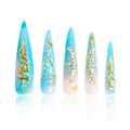 Press On Nails Pisces Blue French Tip - Reusable Stiletto Full Cover Nails