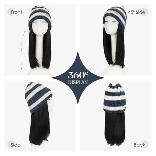 Winter Knit Beanie Wig Hat with Synthetic Hair - Black & White Variation - 11"
