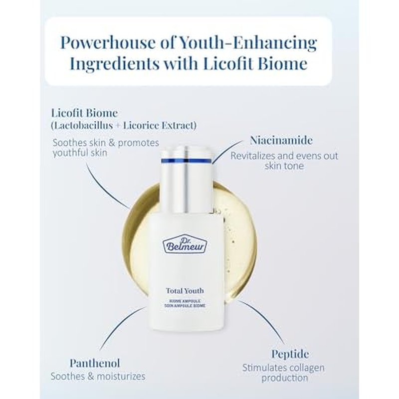 Dr. Belmeur Total Youth Biome Ampoule (1.2fl oz) - Premium Serum for Wrinkles, Elasticity & Hydration. Korean Skin Care by LG Beauty. Collagen, Panthenol, Niacinamide, Licorice.