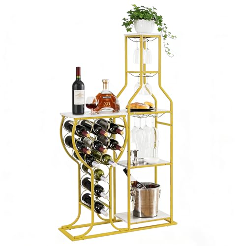 White 5-Tier Freestanding Wooden Wine Rack - Holds 11 Bottles, Glasses Storage