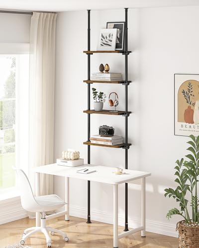 Tall Narrow Tension Mount Bookshelf - Rustic Brown 4-Tier for Small Spaces