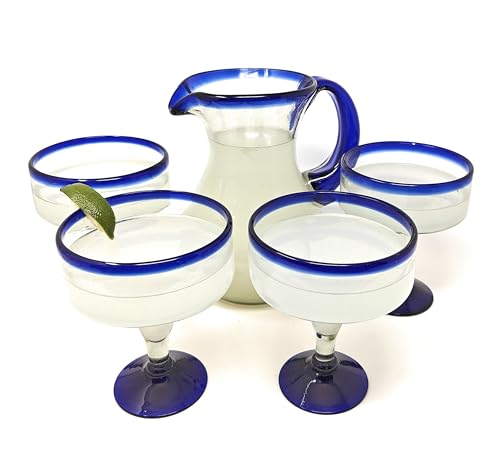 Mexican Hand Blown Glass Drinkware Set - 4 Margarita Glasses & Pitcher - Blue Rim