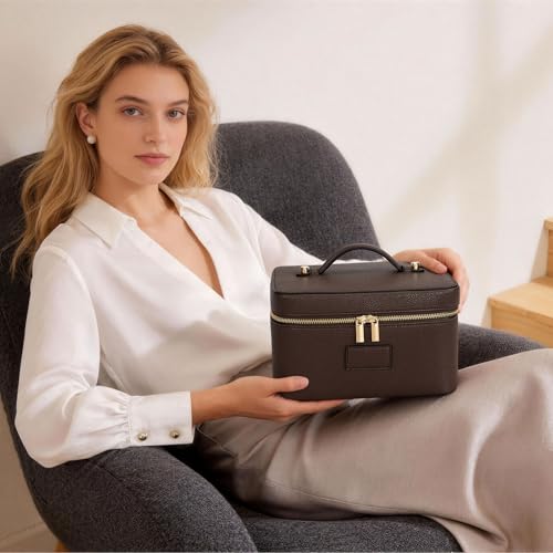 HiTotes Large Waterproof Leather Makeup Bag with Removable Divider - Coffee