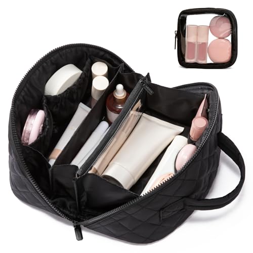 LOVEVOOK Travel Makeup Bag for Women - Medium Black Puffer Cosmetic Organizer Set