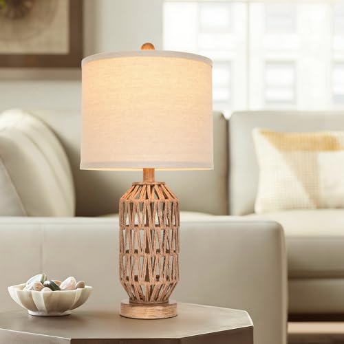 Set of 2 Rattan & Fabric Drum Shade Table Lamps - Boho Coastal Home Decor