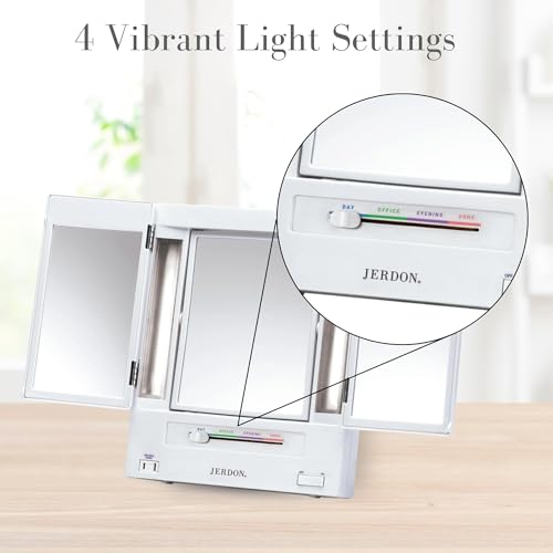JERDON Tri-Fold Two-Sided Makeup Mirror with Lights - Vanity Mirror with 5X Magnification & Multiple Light Settings - White Base - Model JGL9W