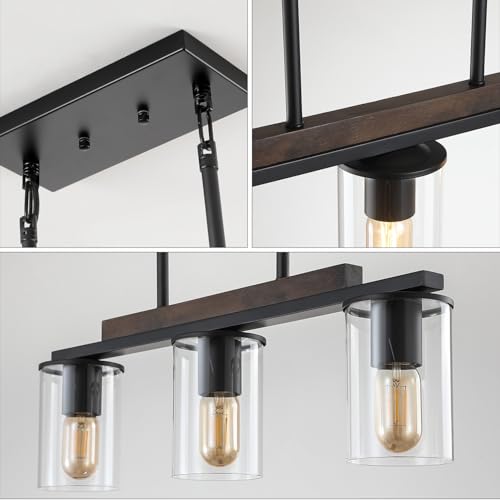 Farmhouse Style Black Pendant Light with Clear Glass Shade - 3 Light Linear Chandelier for Kitchen Island